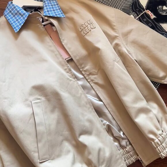 Miu Miu Jackets & Blazers - Miu Miu Women's Casual Zip-Collar Faux Two-Piece Jacket — Beige